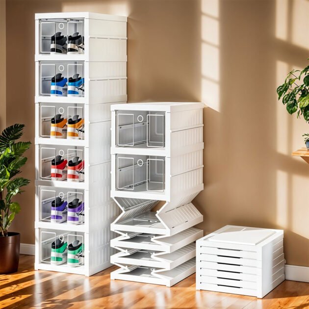 رف أحذية شفاف قابل للطي بستة أرفف