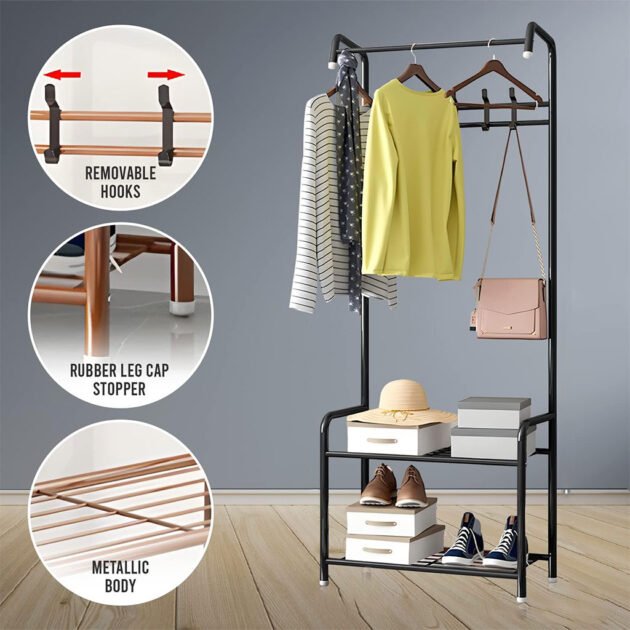 رف معاطف معدني ومنظم أحذية مع علاقات 21