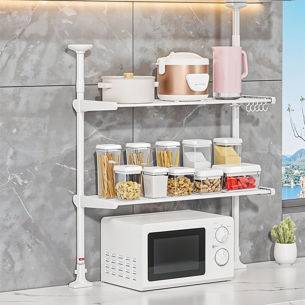 رف قابل للتعديل من طبقتين مع قضيب مزدوج قابل