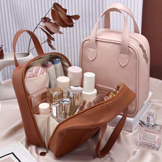 حقيبة مستحضرات تجميل من الجلد الصناعي بسحاب مزدوج