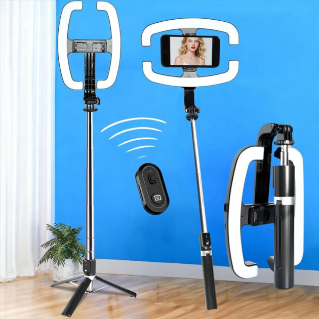 عصا سيلفي قابلة للتمديد مع حامل للهاتف وإضاءة
