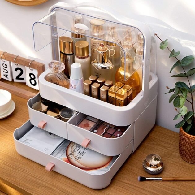 صندوق تخزين المكياج ومستحضرات التجميل بثلاثة أدراج