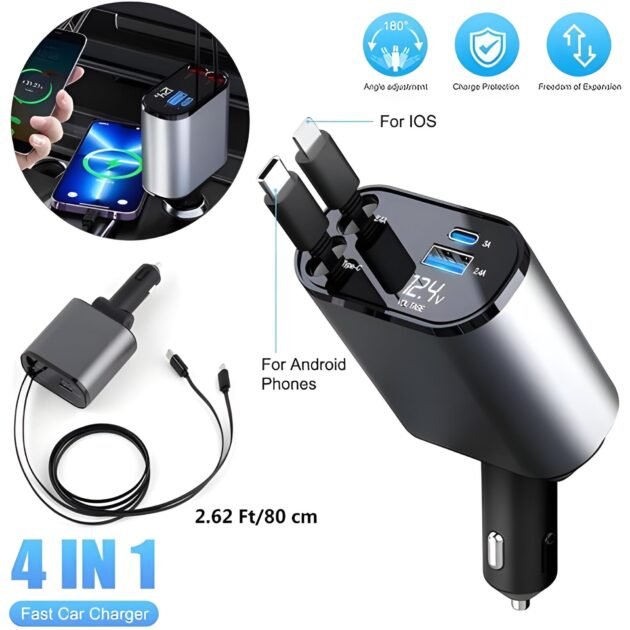 شاحن سيارة قابل للسحب 4 في 1 بقوة 120